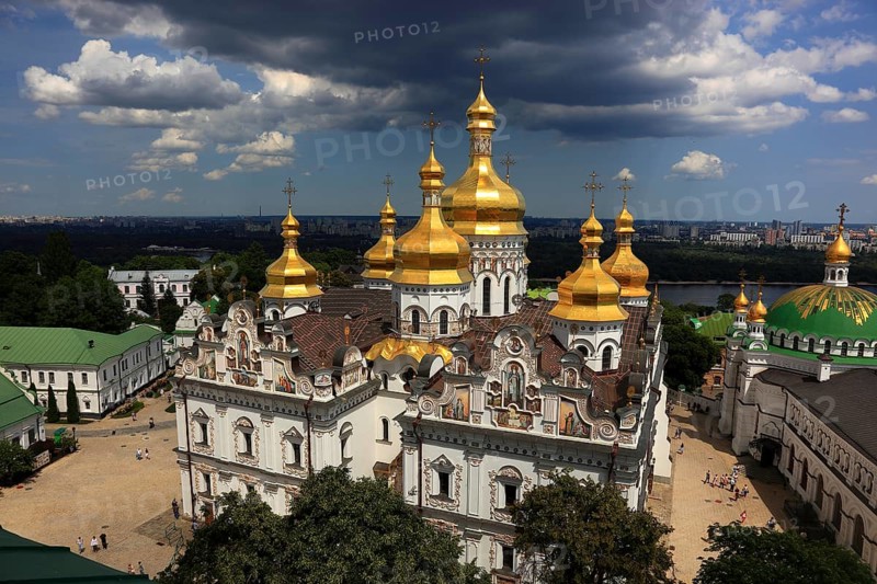 View of the Uspensky Cathedral and the monastery complex of the Kiev Cave Monastery, Holy Mary of the Assumption Monastery, Pecherskaya Lavra, Kiev, Ukraine from the bell tower