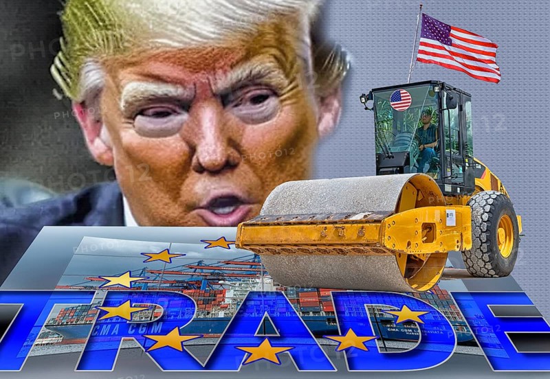 Symbolic image, EU, Germany and global economy under the US steamroller, Donald Trump, tariff threats, Elon Musk, Mark Zuckerberg, social networks, fake news, hate, hate speech, DSG Digital Services Act, re-election, USA, politics, announcements, vendetta, wanted dictator, Republicans, US electoral system, global danger, lies, 2nd term, global burden, Ukrainian war, storming White House, North America