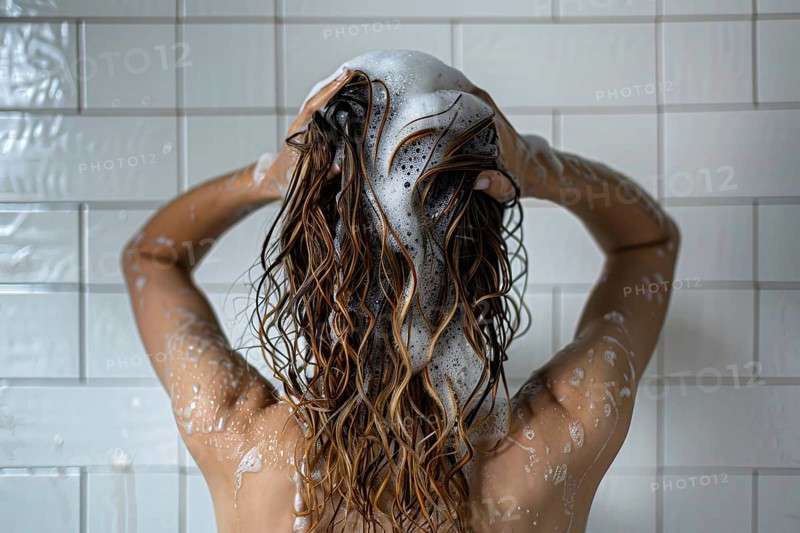 Back view of woman in shower washing long blond hair. Generative AI, AI generated