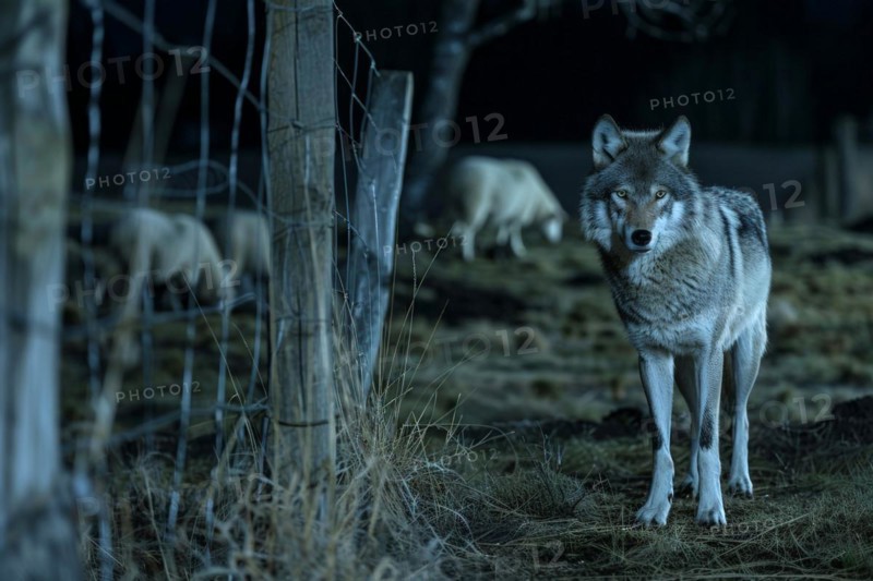 A wolf stands at a pasture fence at night and observes a grazing flock of sheep, symbolic image for herd protection, danger, killing by wolf attack, AI generated, AI generated, AI generated