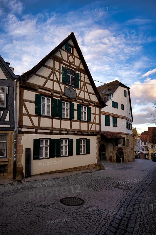 Birthplace of Friedrich Schiller, half-timbered house, Schiller town of Marbach am Neckar, evening light, Baden-Württemberg, Germany, Europe