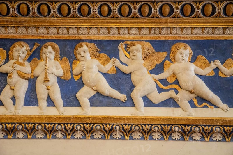 Mantelpiece with angel figures in Palazzo Ducale, Unesco world heritage site Urbino, Urbino and Pesaro district, Urbino, Marche, Italy, Europe