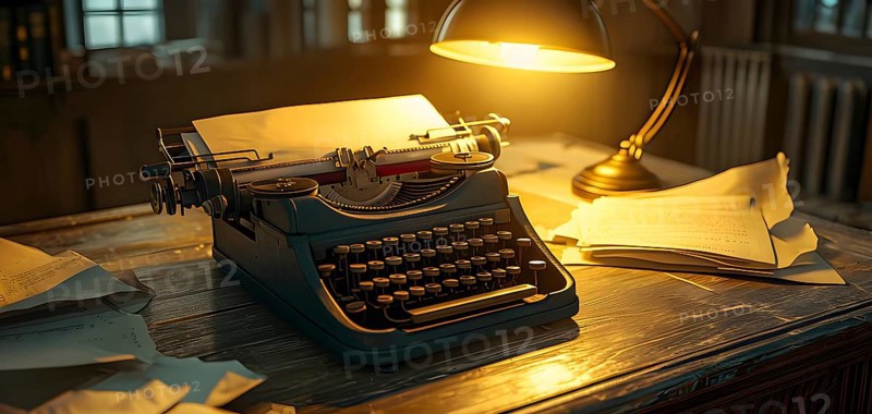 Antique typewriter sitting on a weathered wooden desk, with crumpled papers scattered around, AI generated