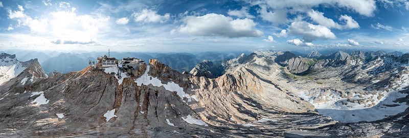 Alpine panorama, aerial view, Zugspitze and Zugspitzplatt with glacier, high mountains, Bavaria, Germany, Europe