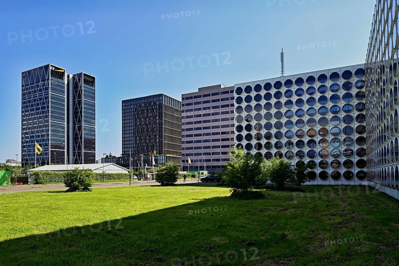 Flats Student Experience rear high-rise buildings, Cross, Towers, architect Norman Foster, Zuidas financial district, Amsterdam, North Holland, Netherlands