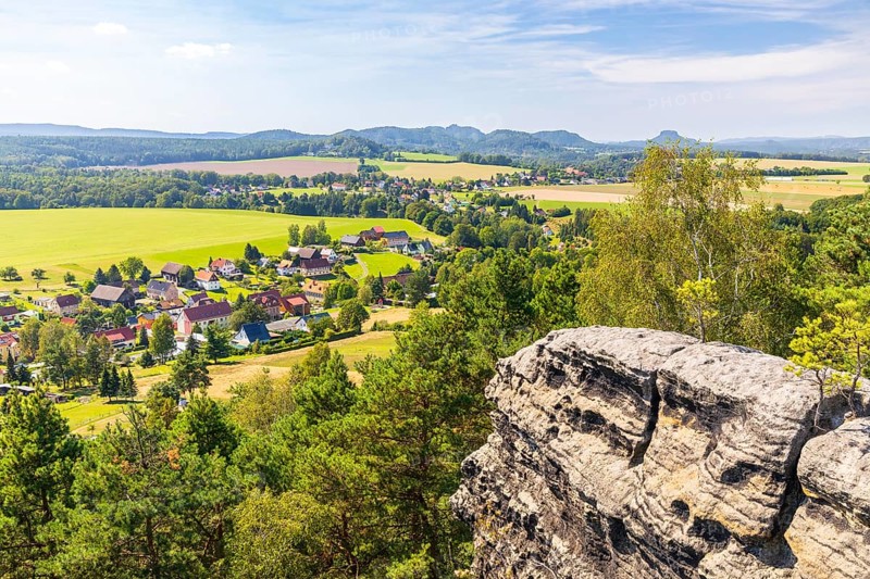 On the Kaiserkrone with panoramic view, view of Schöna and Reinhardtsdorf, in the background the Wolfsberg and the Lilienstein, Saxon Switzerland, Saxony, Germany, Europe
