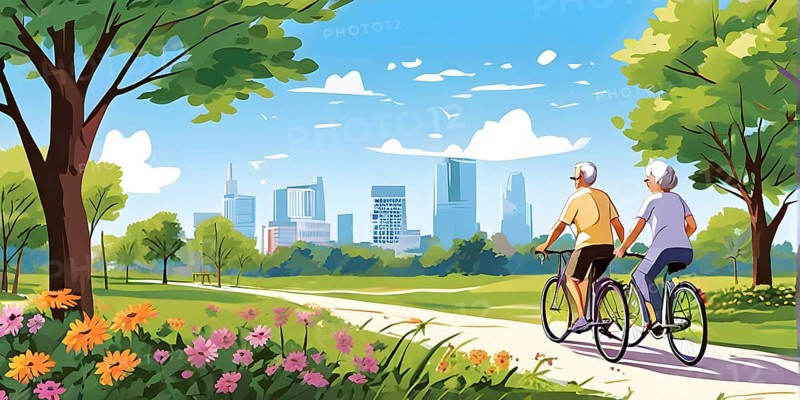 Vector cartoon illustration of an elderly couple cycling in a city park in summer, AI generated