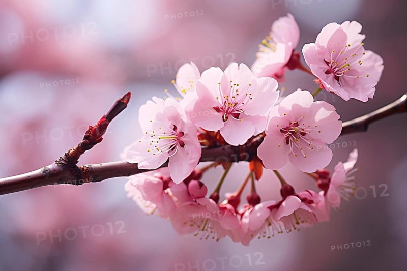 Close up of branch with pink cherry blossom flowers. KI generiert, generiert AI generated