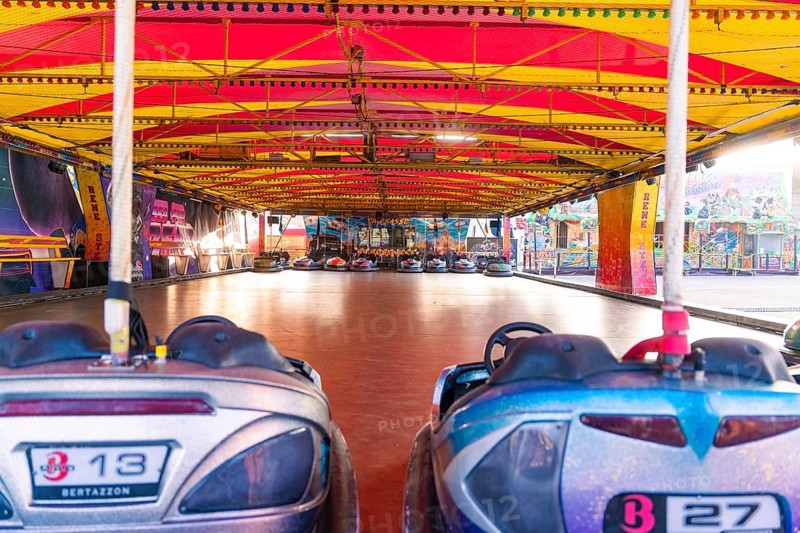 Empty bumper car hall with colourful vehicles, ready for visitors at a carnival, Weil der Stadt, Böblingen district, Germany, Europe