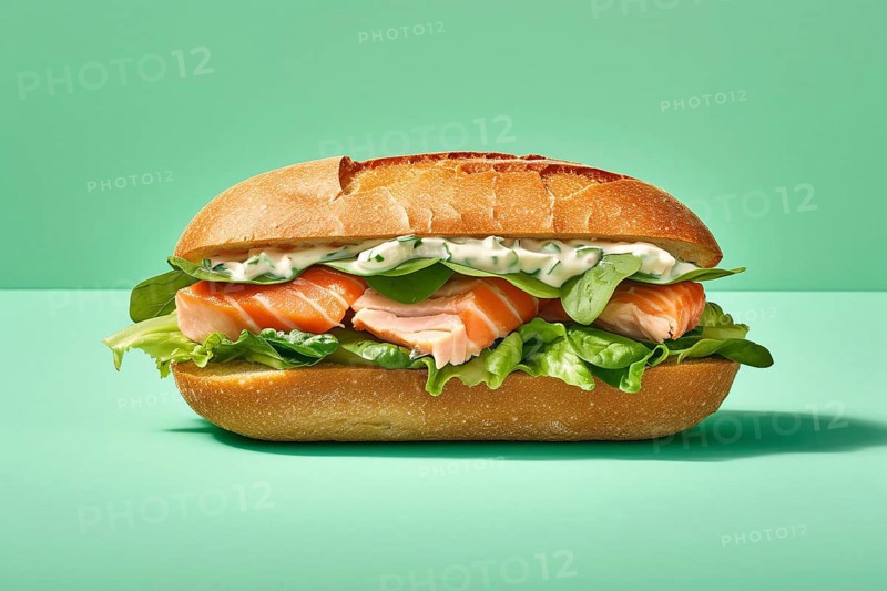 Salmon fish sandwich on green background. KI generiert, generiert AI generated