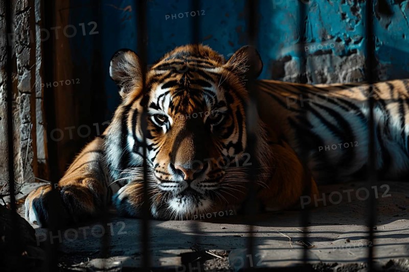 Tiger in cage behind bars. Generative Ai, AI generated