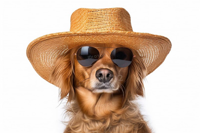 Portrait of dog with cool sunglasses and summer straw hat on white background. KI generiert, generiert AI generated