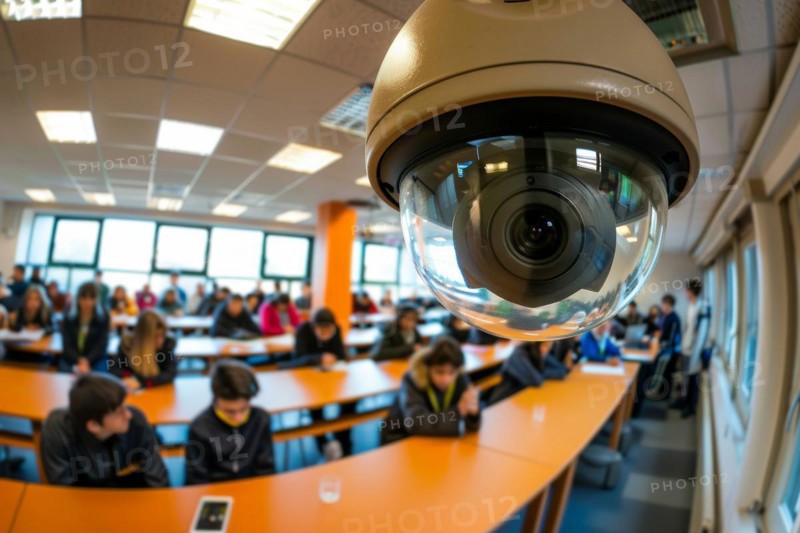 A surveillance camera, CCTV, in a classroom, school building, AI generated, AI generated, AI generated