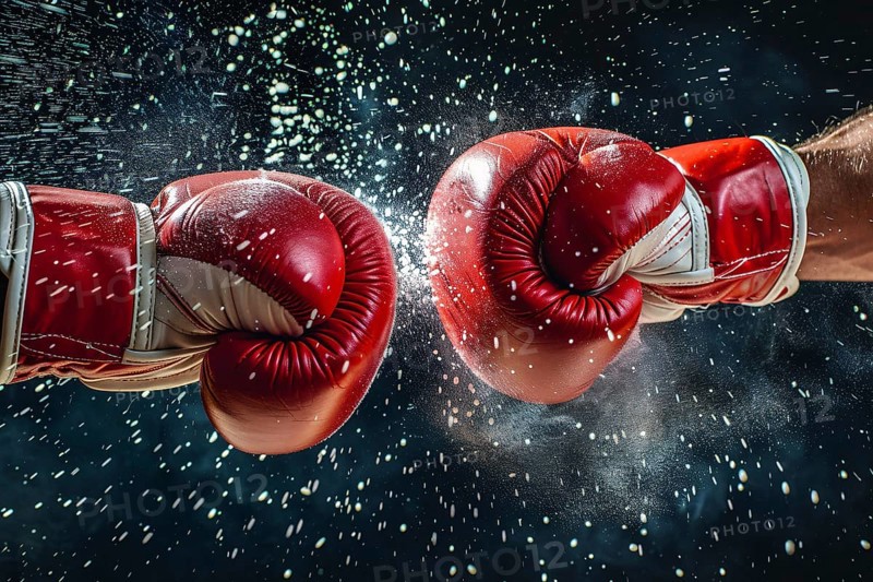 Close up of two red clashing boxing gloves in fight. Generative Ai, AI generated