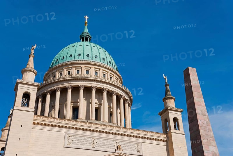 Close-up of a cathedral with a green dome under a clear sky, St. Nikolai Church, Alter Markt, Potsdam, Brandenburg, Germany, Europe