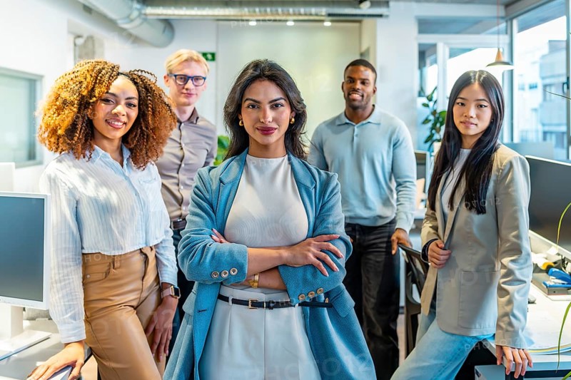 Multi ethnic team of professionals standing together in modern coworking office, showcasing teamwork and collaboration