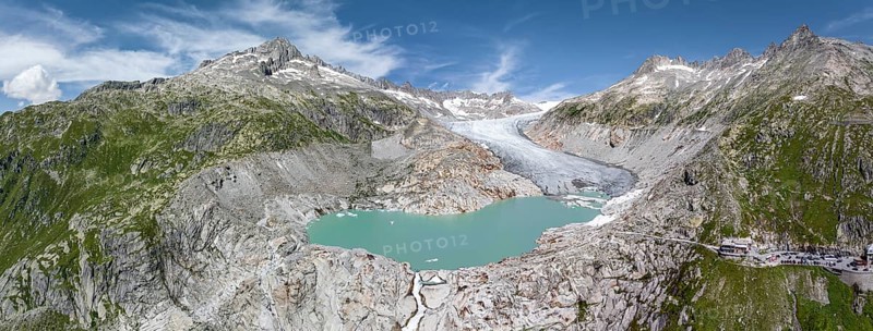 Rhone glacier, valley glacier in the headwaters of the Rhone in the Swiss Alps. Melting glacier, the glacier is getting smaller and smaller. Drone photo. Obergoms, Canton Valais, Switzerland, Europe