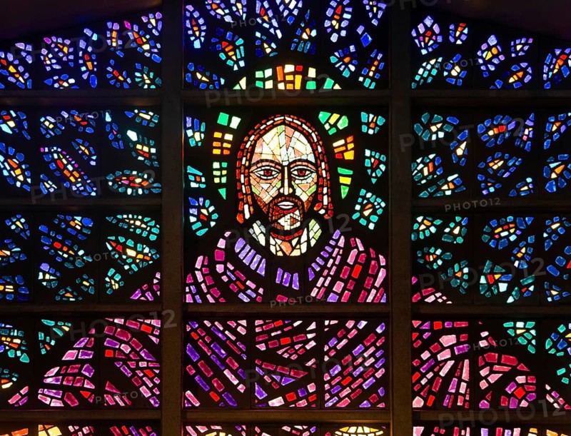 Detail of Blessed Sacrament Chapel stained glass window, Buckfast Abbey, Buckfastleigh, Devon. England, UK by Charles Norris 1968