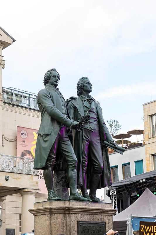 Goethe-Schiller monument in front of the German National Theatre in Weimar, Thuringia, Germany, Europe