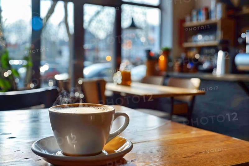 Coffee break in a stylish café with a view of the lively street atmosphere, AI generated, AI generated