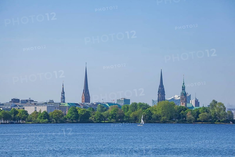 Outer Alster with St Peter's Church, City Hall, Elbe Philharmonic Hall concert hall and the former main church of St Nikolai, Hamburg, Germany, Europe