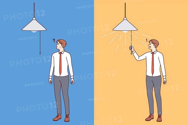 Business man came up with idea to get out of difficult situation, turns on light in room. Innovative startup idea appeared smart guy who thought about question and found bold solution
