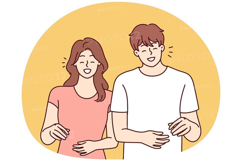 Happy man and woman stands and smiling experience positive emotions from walking together. Everyday zoomers boy and girl are laughing while discussing funny life stories. Flat vector image