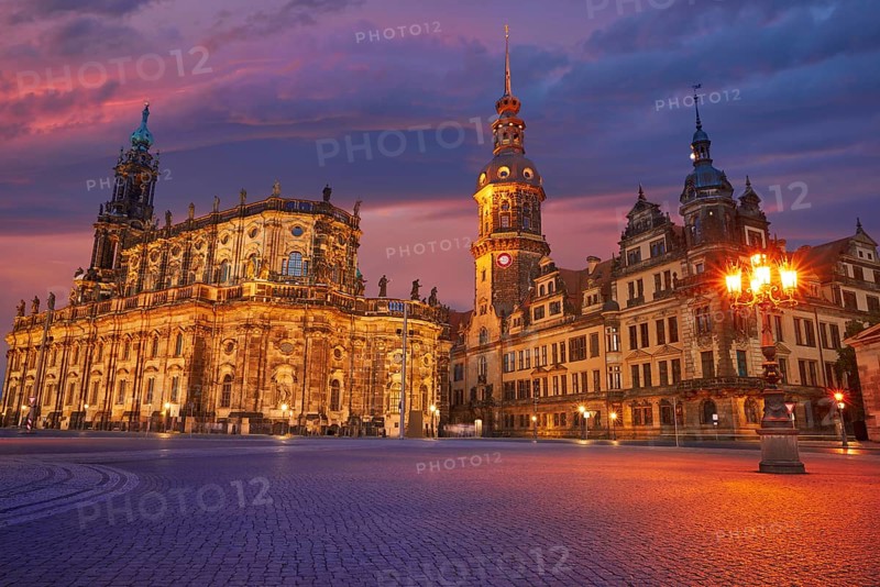Dresden sunset Residenzschloss and Hofkirche buildings in Germany