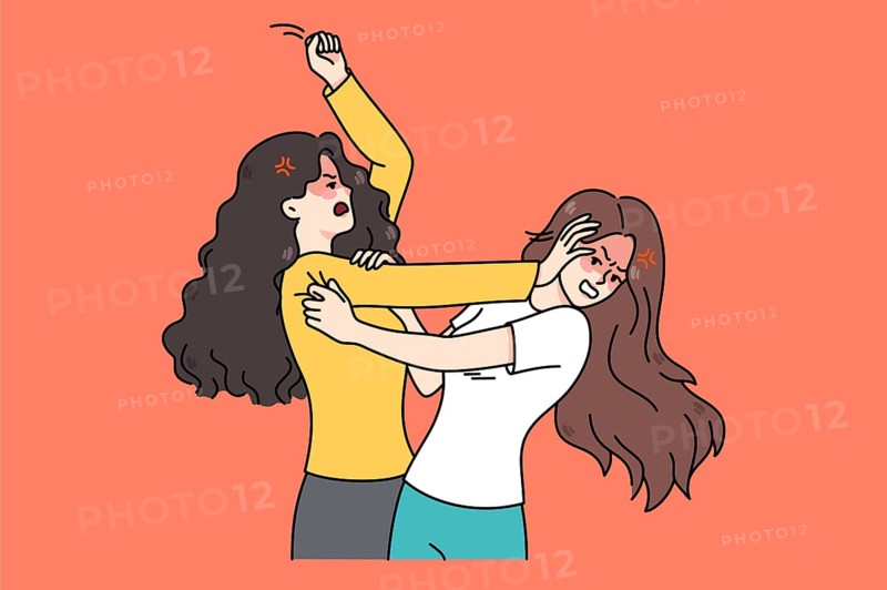 Pair of angry young women fight and quarrel. Mad teenage girls fighting pulling hair. Female conflict and problem solving with fists. Flat illustration