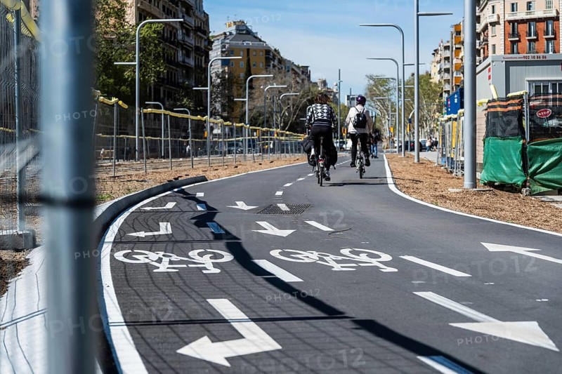 Newly built, two-lane cycle path in Barcelona, Spain, Europe
