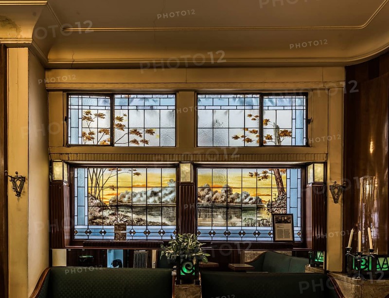 Brussels, Belgium, 01 18 2019: Art deco interior design of the tavern L'Espérance with stained glass and old furniture, Europe