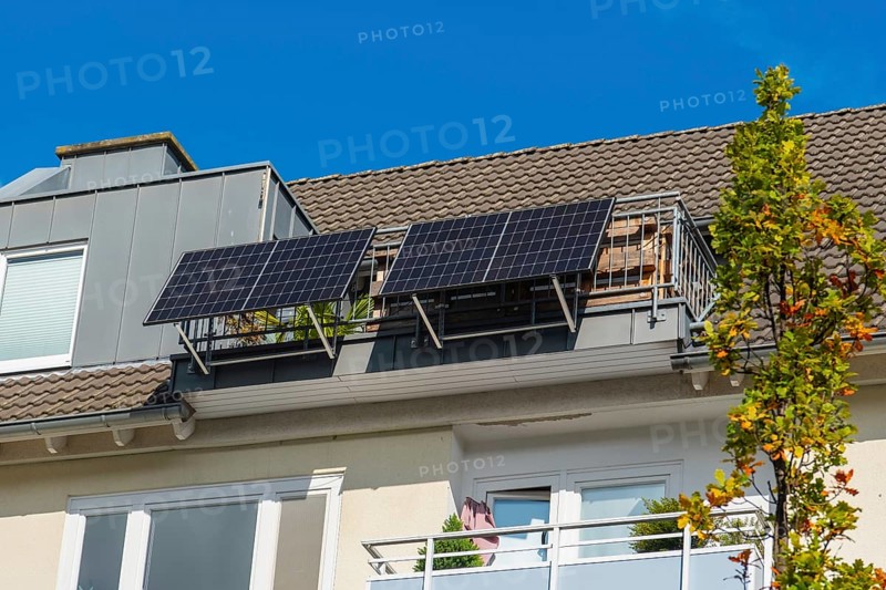 Balcony power station on a balcony of an attic flat in Düsseldorf, Germany, Europe