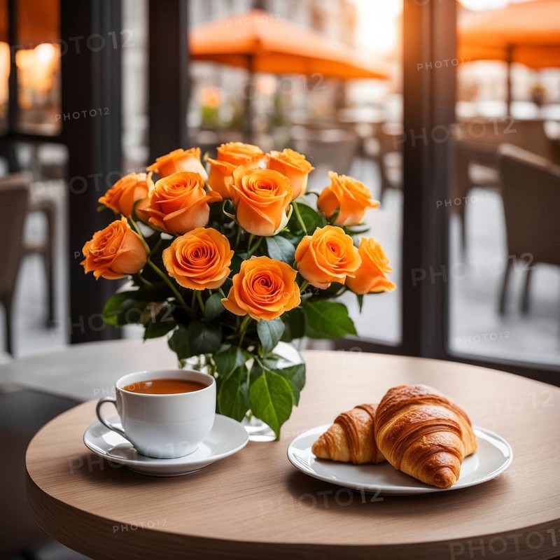 A cozy patio breakfast scene with orange roses, croissants, and a cup of coffee on a table with morning light, AI generated