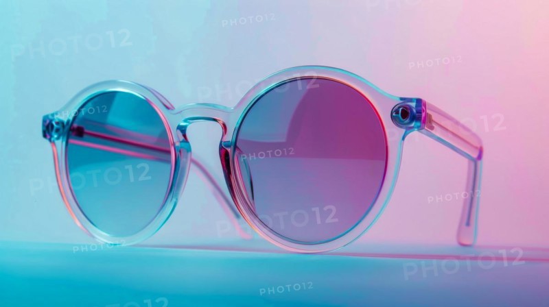 Stylish sunglasses with clear frames are showcased against a reflective blue and pink gradient, ai generated, AI generated