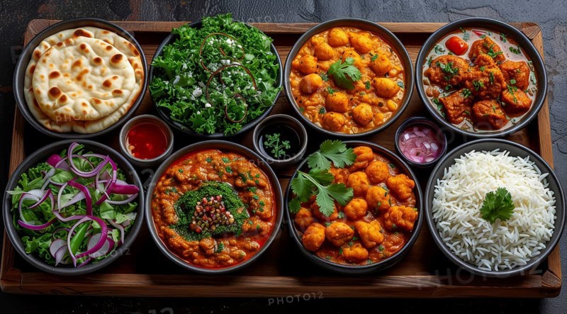 An array of Kashmiri dishes including chickpea curry, palak paneer, and rice with naan, AI generated