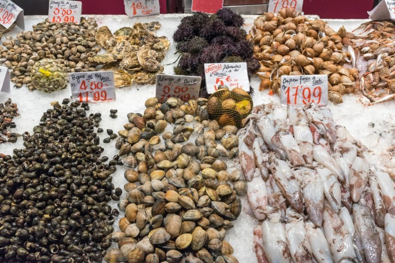 Fresh seafood at a market in Madrid, Spain, Europe