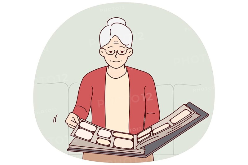 Elderly woman flips through family photo album, remembering student years or fun trips with friends. Grey-haired grandmother sitting alone on couch looking at photos from past. Flat vector design