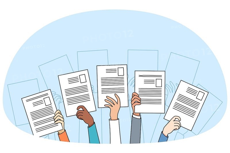 Diverse people hands raise up holding resume or CV offer candidacy at open position. Applicants or candidate apply for job. Employment and competition. Hiring and hr. Vector illustration