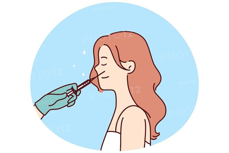 Beautician doctor with syringe make injection to woman face in salon. Female patient have botox procedure in saloon. Medicine and beauty concept. Vector illustration