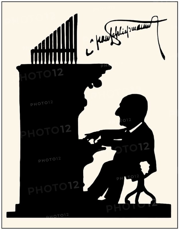 Anton Bruckner playing organ, Silhouette print by Hans Schließmann, digitally edited