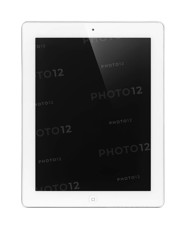 White Apple iPad 2 tablet computer with blank display. Isolated with clipping path on white background