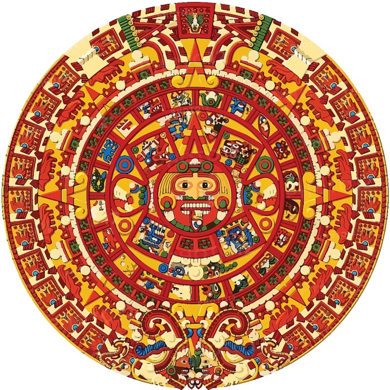 Aztec sun stone calendar illustration. Post classic Mexica sculpture