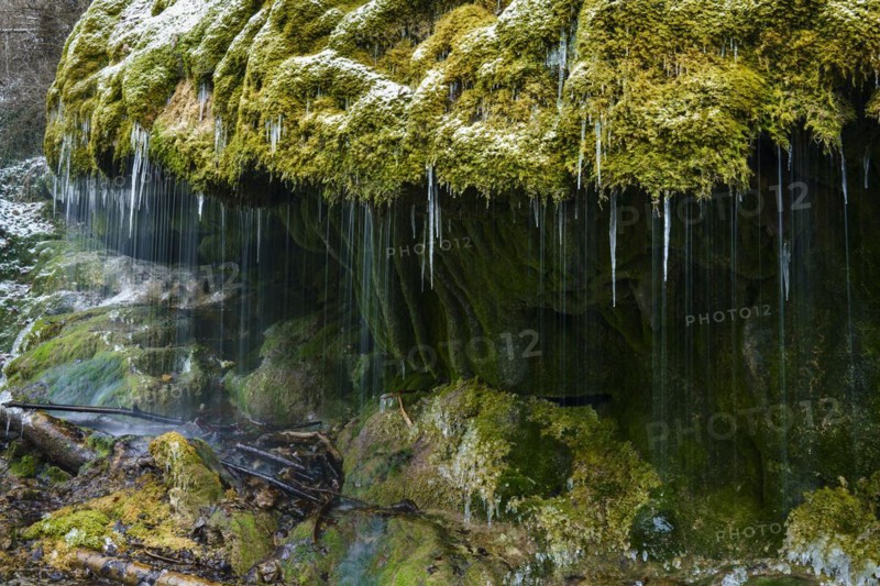 Waterfall in the Wutach Gorge, Dietfurt Schleierfall, in winter with icicles, Black Forest, Baden-Württemberg, Germany, Europe