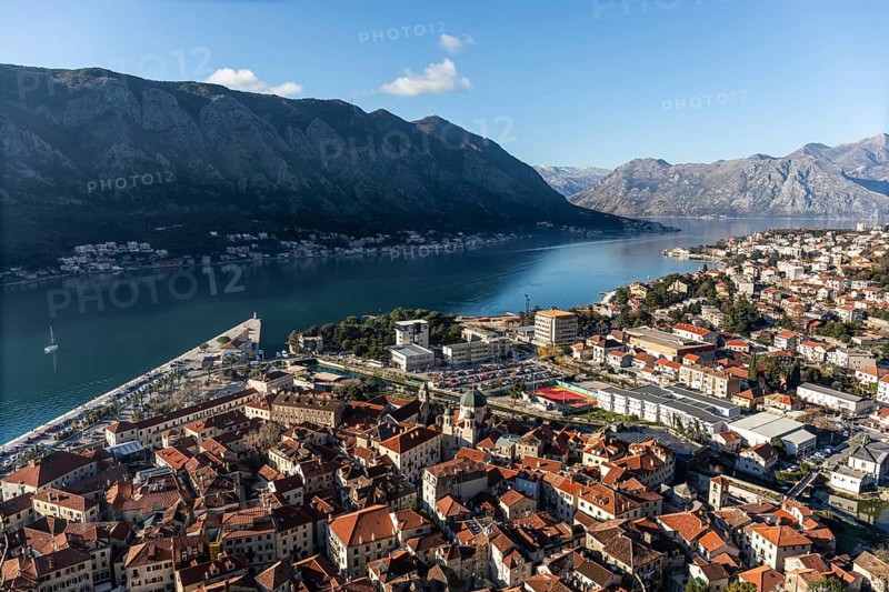 View of the town of Kotor and the Bay of Kotor from the hill above the town, Montenegro, Europe
