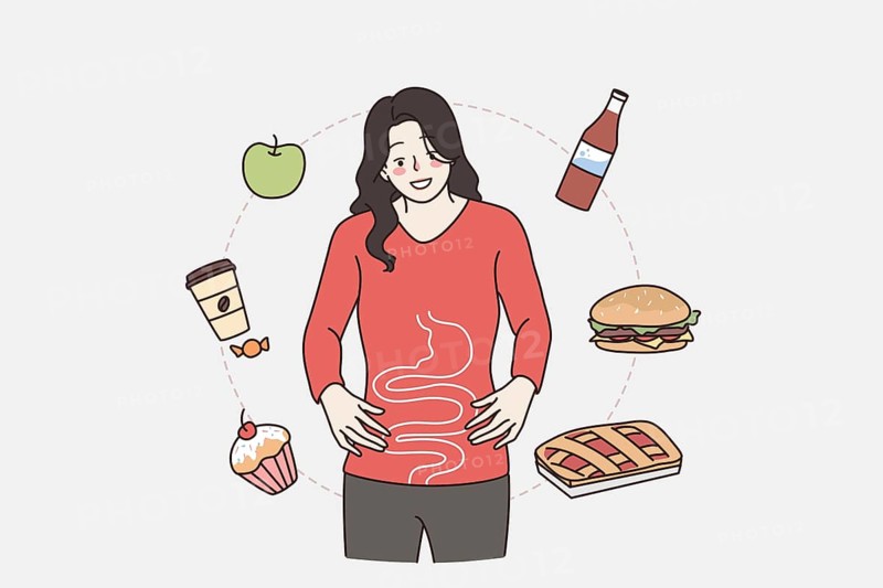 Gastro system and healthy digestion concept. Young smiling woman cartoon character standing showing her digestion with various foods flying around vector illustration