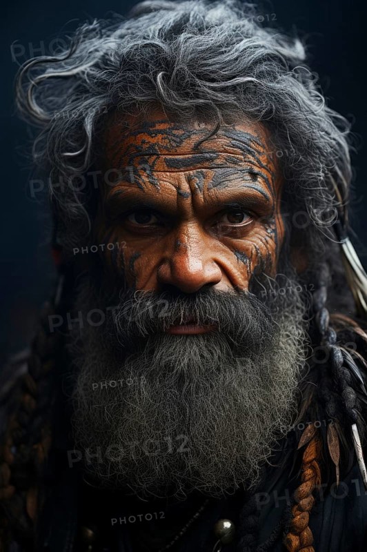 Portrait Papuan man with colourful face painting, feathers, body jewellery, indigenous people, Tribe, Wigmen, Asmat, AI generated