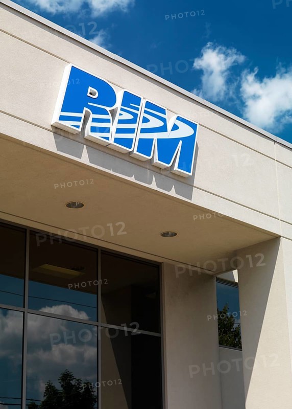 RIM sign on Research in Motion company headquarters building against blue sky. Waterloo, Ontario, Canada, North America