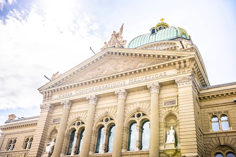 Beautiful Bundeshaus Parliament Building or Federal Palace in a Sunny Day in City of Bern, Canton Bern, Switzerland.