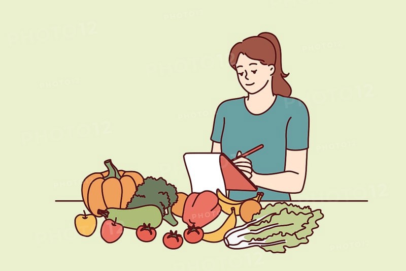 Woman nutritionist is standing near table with vegetables and making notes in notebook, making plan for new diet to detoxify body. Girl nutrition specialist uses checklist to mark diet ingredients