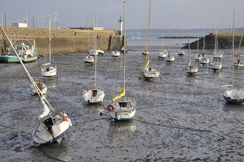 Saint Quay Portrieux, Sailboats rest on mud flats during low tide in a serene harbor with a distant lighthouse
